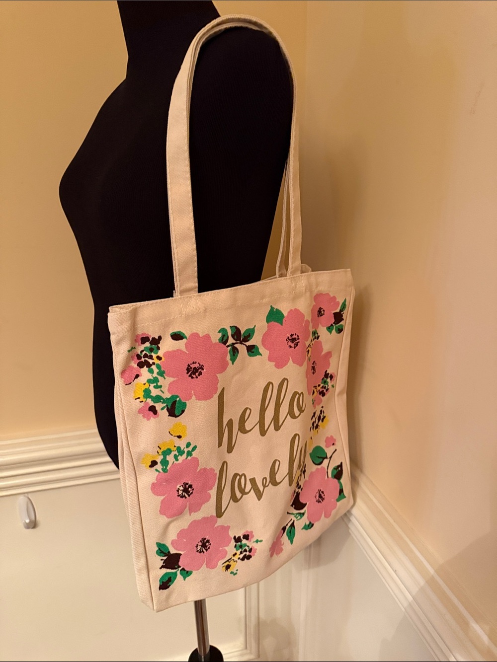 Canvas Floral 'hello lovely' Tote Bag - Pink & Green